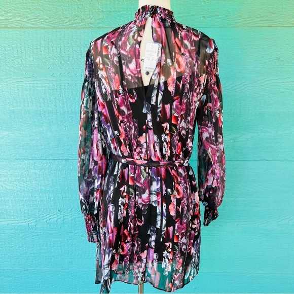 BEBE SHEER OVERLAY BLACK SLIP DRESS FLORAL PRINT BALLOON SLEEVES SIZE SMALL NWT - Picture 8 of 12